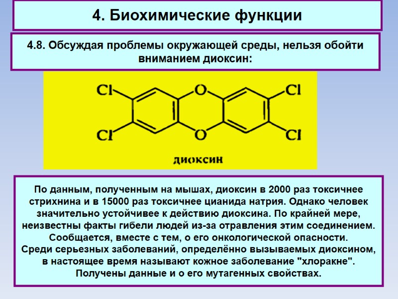 4. Биохимические функции 4.8. Обсуждая проблемы окружающей среды, нельзя обойти вниманием диоксин: По данным,